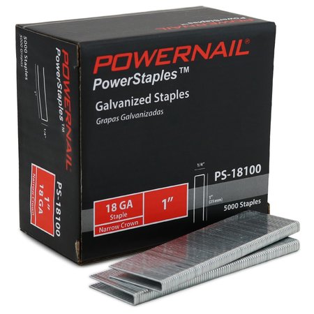 Powernail Staples, 18 ga, Narrow Crown, 1 in Leg L, Steel, 5000 PK PS18100